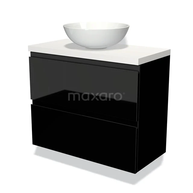 Schwarzes Badmöbel mit glänzender Oberfläche, keramischem Aufsatzwaschbecken und weißer Platte, kompaktes Design für moderne Bäder.