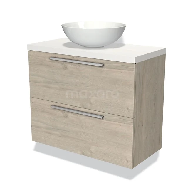 Holz Badezimmermöbel natur mit weißem Aufsatzwaschbecken, 2 Schubladen und schlichten silberfarbenen Haltegriffen, perfekt für moderne Bäder.