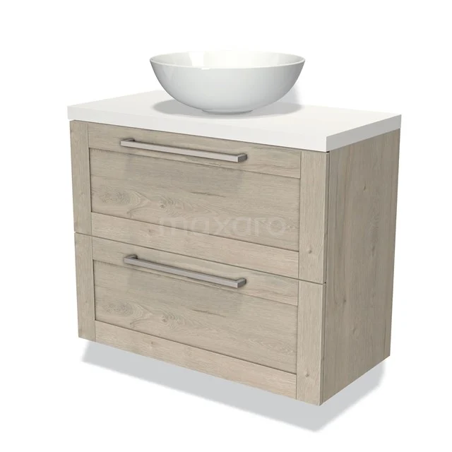 Wooden bathroom unit with white ceramic countertop wash basin, two drawers and modern handles suitable for a stylish bathroom.