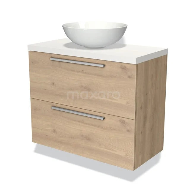 Hölzernes Badezimmermöbel mit einem weißen Aufsatzwaschbecken, zwei Schubladen und einem modernen Stil, perfekt für ein stilvolles Badezimmer.