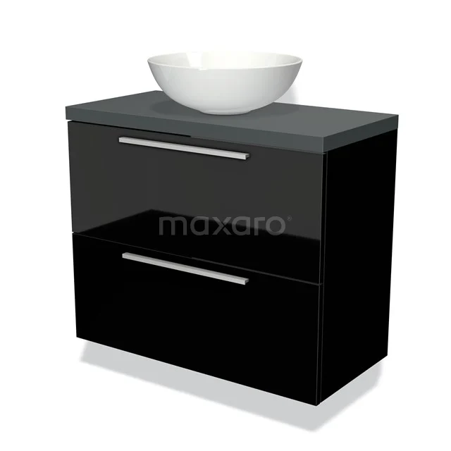 Waschtischunterschrank mit Konsole 80cm Modulo Plato Slim Hochglanz Schwarz 2 Schubladen Flach BMK37-01121 Schwarzes glänzendes Badmöbelset mit zwei Schubladen und einem runden weißen keramischen Aufsatzwaschbecken obenauf.