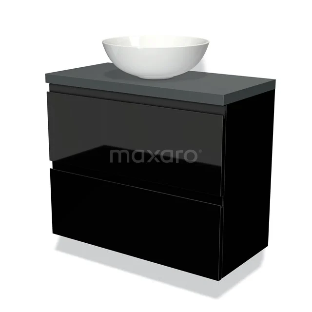Zwart glanzend badkamermeubel met witte keramische waskom en antraciet blad, modern design, ideaal voor een stijlvolle badkamer.