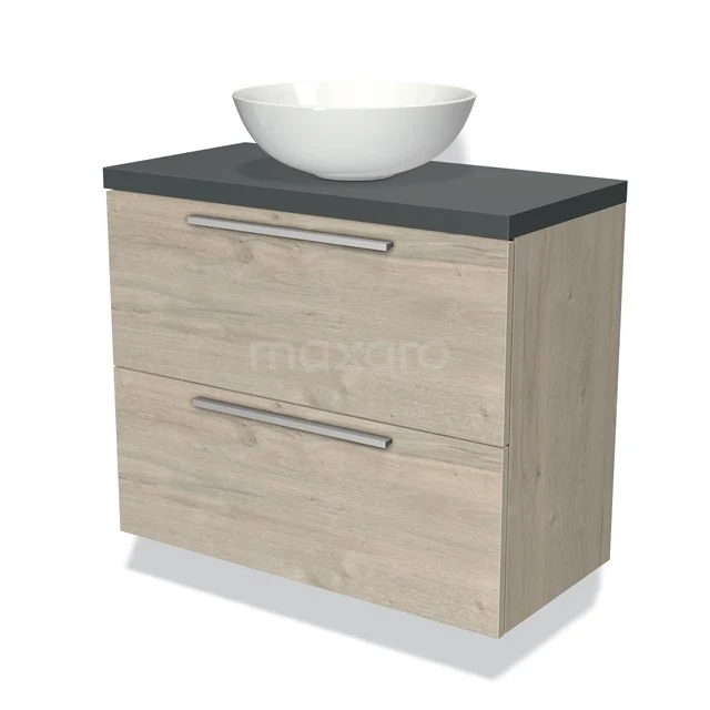 Houten badkamermeubel met twee lades, donkere wastafelblad en witte waskom, modern design voor stijlvolle badkamers.