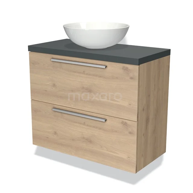 Houten badkamermeubel met twee lades, zwarte bovenkant en ovale witte wastafel; modern design met metalen grepen.