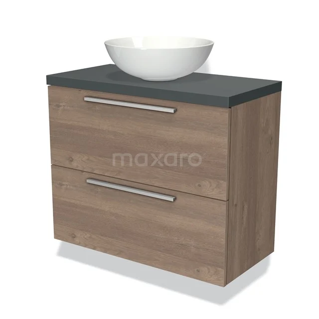 Houten wastafelmeubel met twee lades, zwart blad en witte opzetwaskom, ideaal voor moderne badkamer inrichting.