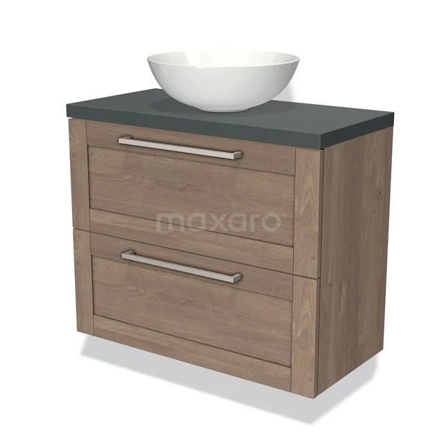 Houten badkamermeubel met twee lades, komvormige wastafel en antraciet blad, perfect voor een moderne badkamerstijl.