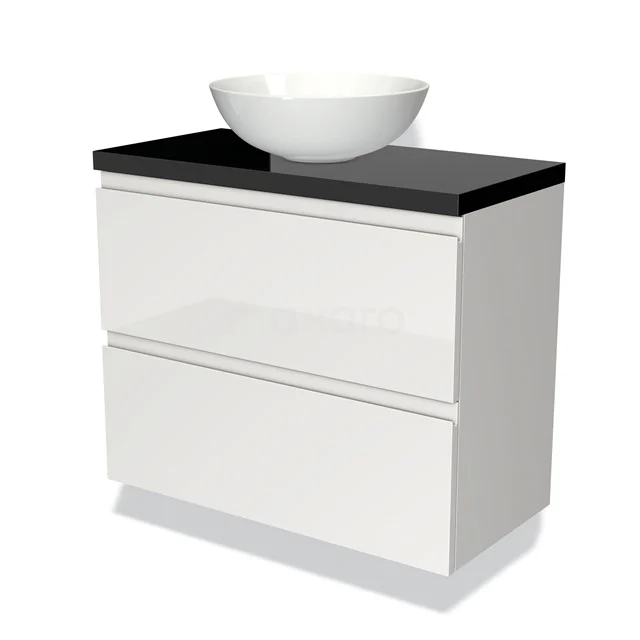 Weißes Badezimmermöbel mit schwarzer Platte, doppelten Schubladen und rundem Waschbecken, modernes Design für ein stilvolles Badezimmer.