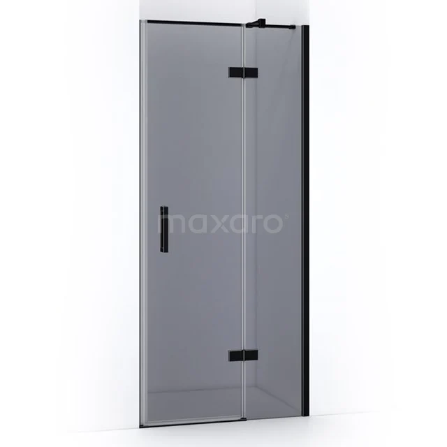 Shower door with matte black accents, clear glass and hinge design, ideal for modern bathrooms.
