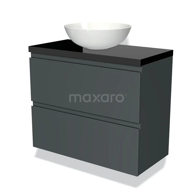 Dunkelgraue Badmöbelset mit Aufsatzwaschbecken, schwarzer Platte und schlichten Schubladen, ideal für moderne Badezimmergestaltung.