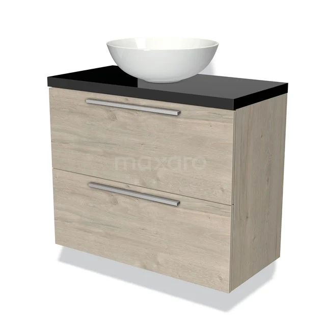 Houten badkamermeubel met zwarte bovenkant, twee lades en witte waskom, ideaal voor moderne badkamerinrichting.