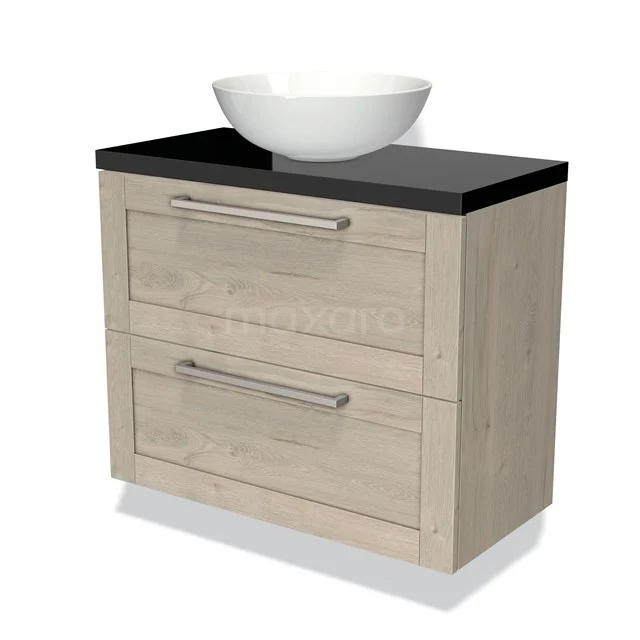 Wooden bathroom unit with vanity units with basin, light oak, black worktop, two drawers with stainless steel handles.