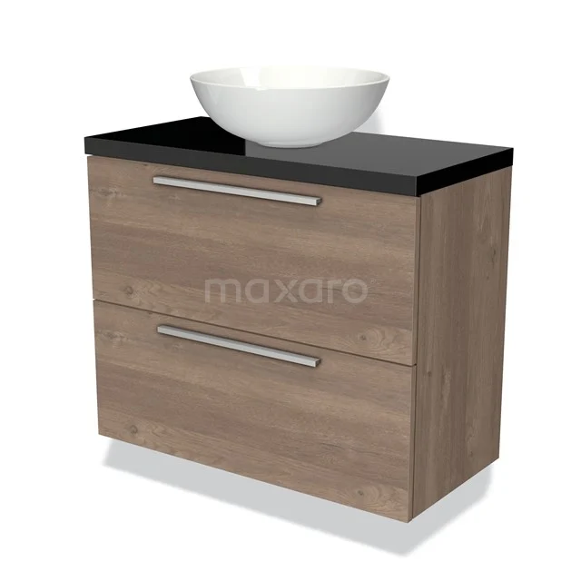 Badkamermeubel houtlook met twee lades, zwart blad en witte waskom, modern design voor stijlvolle badkamerinrichting.