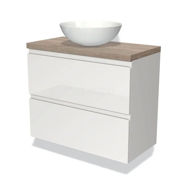 Weißes Badezimmermöbel mit Holzlook Platte und modernem schalenförmigem Waschbecken, ideal für ein stilvolles und kompaktes Badezimmer.