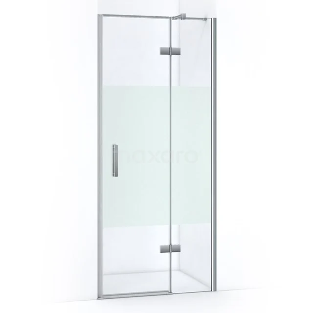 Glass shower door with frosted glass panel, silver frame and hinges, ideal for modern bathrooms.