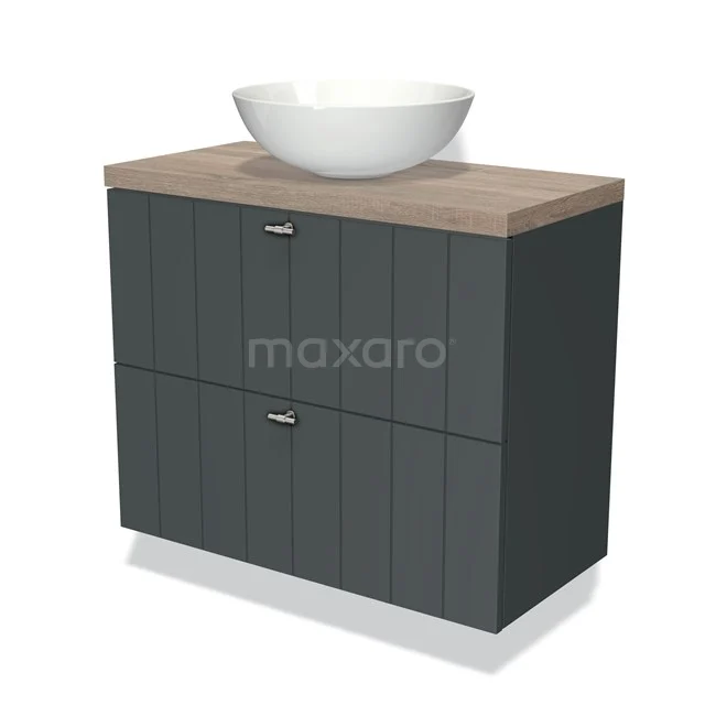 Modulo Plato Slim Badkamermeubel voor waskom | 80 cm Donkergrijs Lamel front Eiken blad 2 lades onder elkaar BMK37-01180