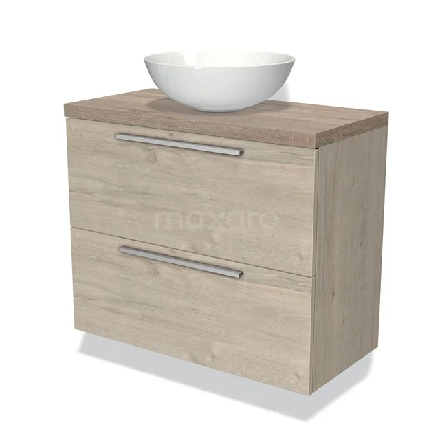 Houten badkamermeubel met wastafel, licht eiken design, twee lades met metalen grepen, ideaal voor moderne badkamers.