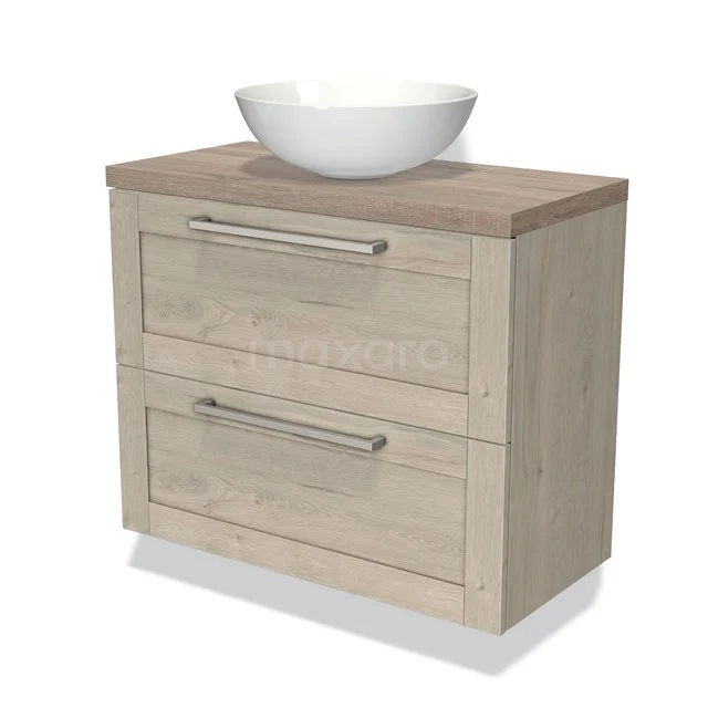 Wooden Bathroom unit with two drawers, top in natural wood tone and white round basin, ideal for modern bathrooms.