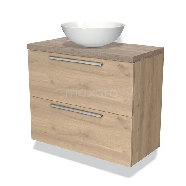 Modulo Plato Slim Badkamermeubel voor waskom | 80 cm Lichtbruin eiken Vlak front Eiken blad 2 lades onder elkaar BMK37-01187