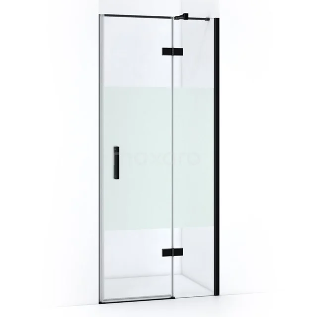 Glass shower door with matte black frame, swivelling and sleek design, ideal for modern bathrooms.
