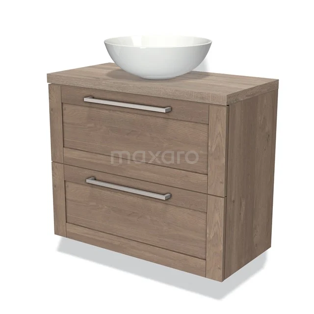 Houten badkamermeubel met twee lades en ronde witte waskom, modern design, ideaal voor een stijlvolle badkamerinrichting.
