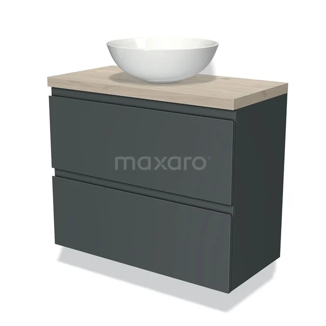 Grijze badkamermeubelset met houten blad en opbouw wastafel, modern design voor stijlvolle badkamer inrichting.
