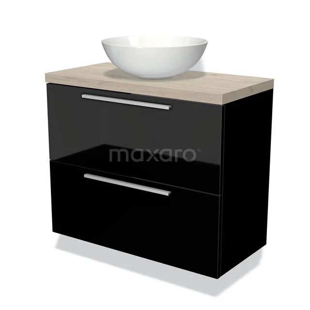 Schwarze Badmöbel mit glänzender Oberfläche, Holzlook Platte und Aufsatzwaschbecken; stilvolles und praktisches Design für moderne Bäder.