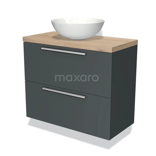 Donkere grijze badkamerkast, houtlook blad, met witte ronde waskom; moderne opbergoplossing voor stijlvolle badkamers.