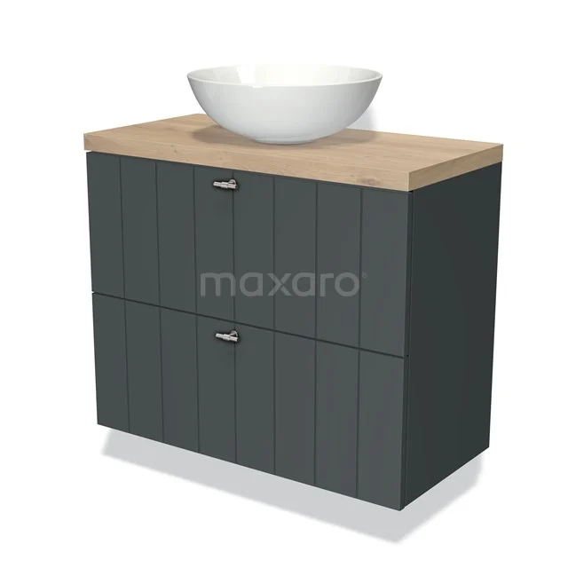 Modern bathroom unit with grey drawers, wooden worktop and white top washbasin, ideal for contemporary bathrooms.