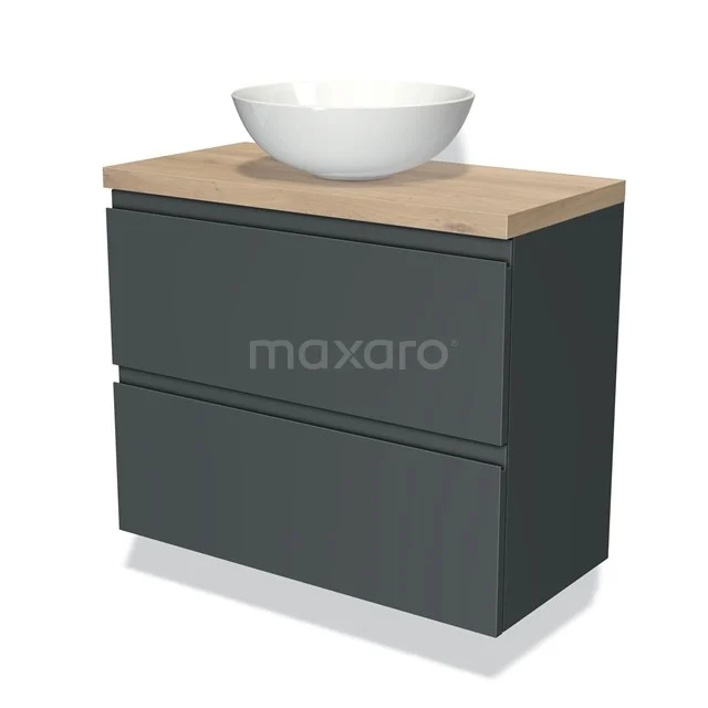 Donkergrijze badkamermeubel met houtlook blad en opbouwkom, modern design, ideaal voor een stijlvolle badkamerinrichting.