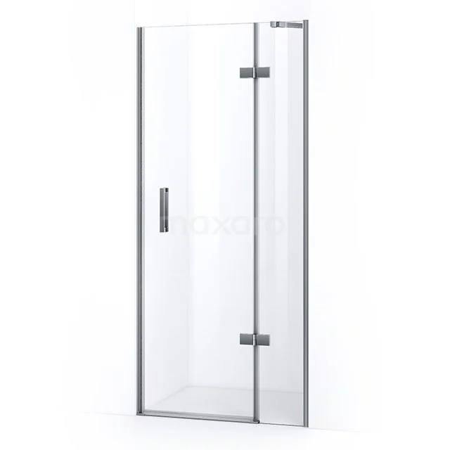 Shower door made of clear glass with black metal hinges, sleek design, ideal for a modern bathroom style.