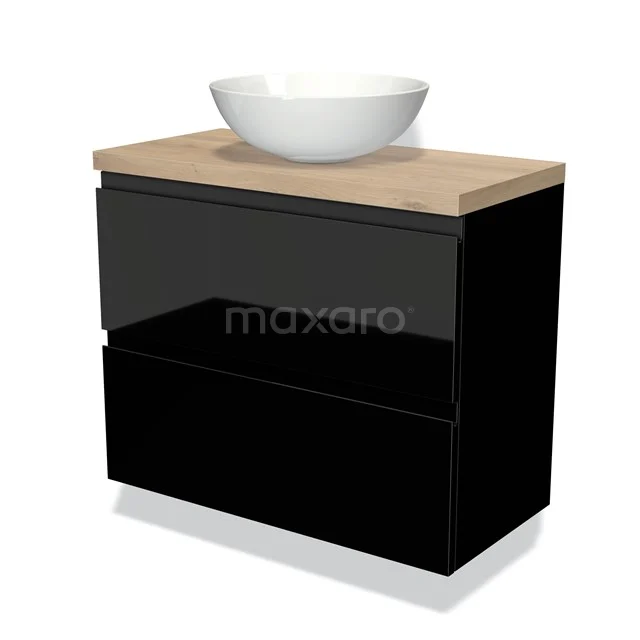Zwarte badkamermeubelset met houten blad, witte keramische waskom en softclose lades, modern design.