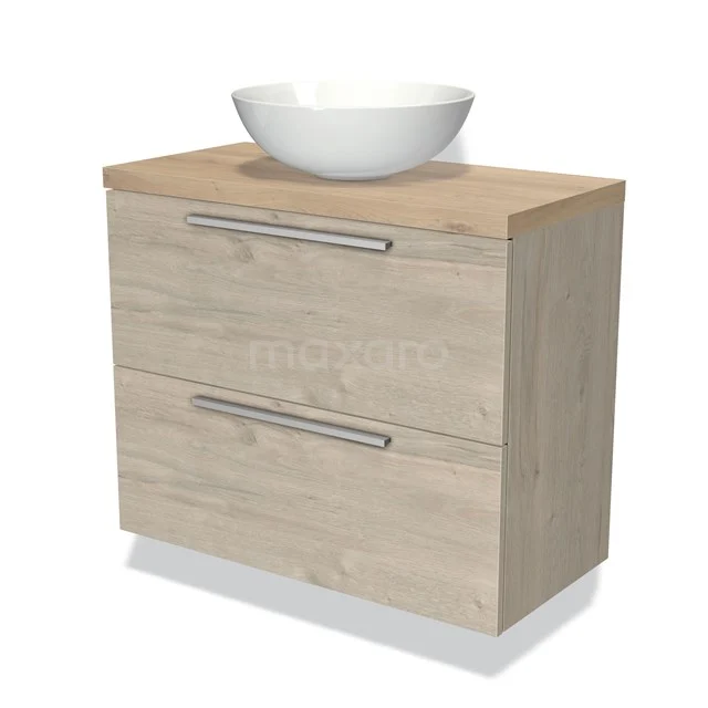 Holz Badezimmermöbel mit weißem Aufsatzwaschbecken, 2 Schubladen und metallischen Griffen, skandinavisches Design, ideal für ein modernes Badezimmer.