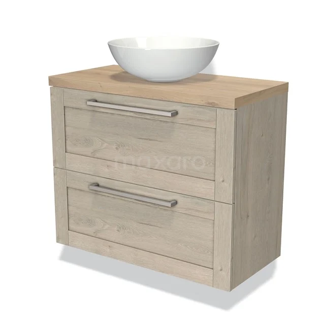 Houten badkamermeubel met natuurlook, twee lades en een witte waskom, ideaal voor een moderne badkamerstijl.