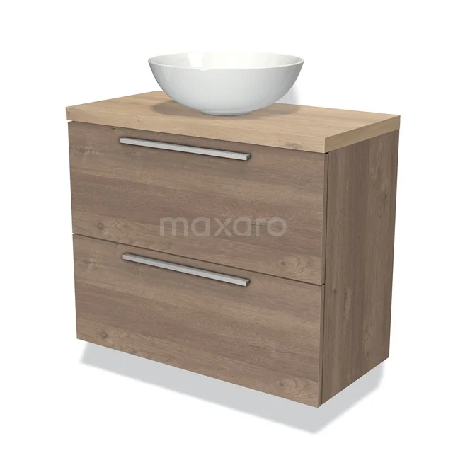 Wooden bathroom unit with countertop wash basin, compact design in oak look, fitted with 2 drawers with metal handles.