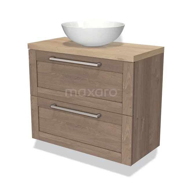 Wooden bathroom unit with oval white countertop wash basin, 2 drawers with silver handles, ideal for modern bathrooms.