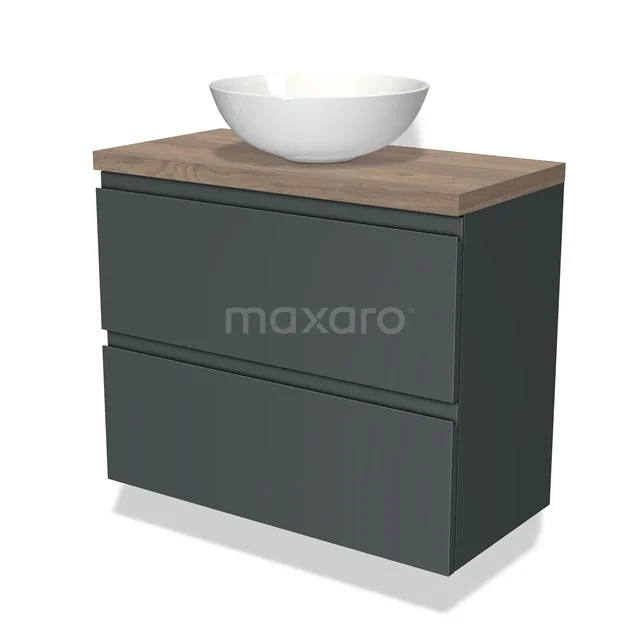 Dark grey bathroom furniture set with wood-look worktop and white countertop wash basin, modern floating design with smooth drawers.