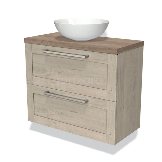 Houten badkamermeubel met waskom, lichte eikenlook, twee lades met metalen grepen, ideaal voor een moderne badkamerstijl.