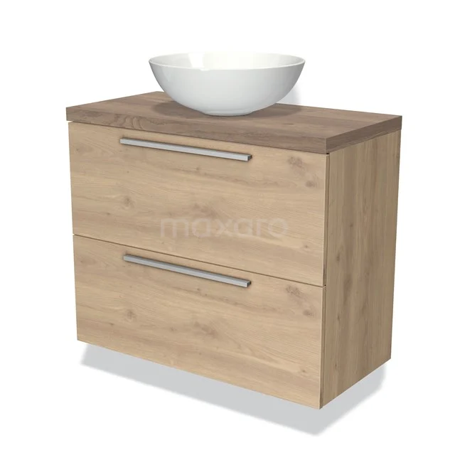 Modulo Plato Slim Badkamermeubel voor waskom | 80 cm Lichtbruin eiken Vlak front Middenbruin eiken blad 2 lades onder elkaar BMK37-01279