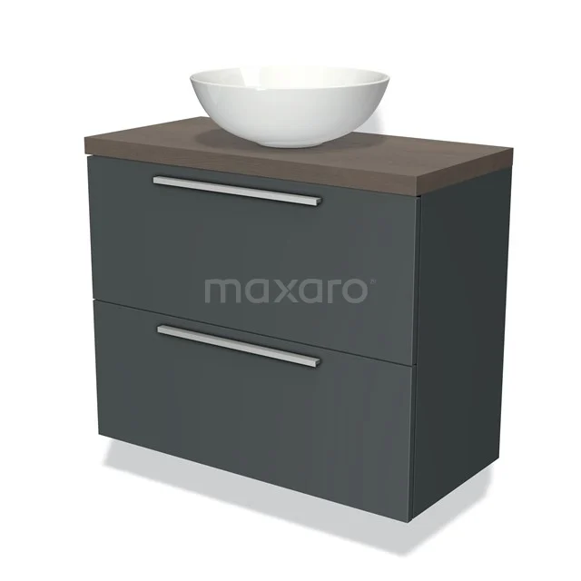 Anthracite bathroom unit with wooden top and white countertop wash basin, modern design and metal handles.