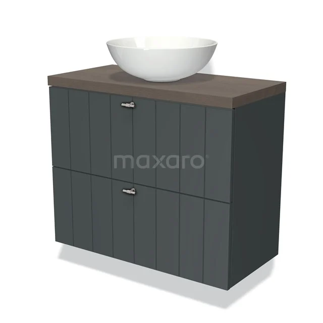 Modulo Plato Slim Badkamermeubel voor waskom | 80 cm Donkergrijs Lamel front Donkerbruin eiken blad 2 lades onder elkaar BMK37-01300