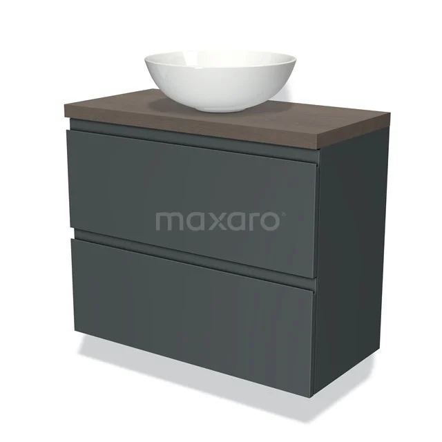Anthracite-grey bathroom unit with wood-look worktop and ceramic countertop wash basin, modern design with two spacious drawers.