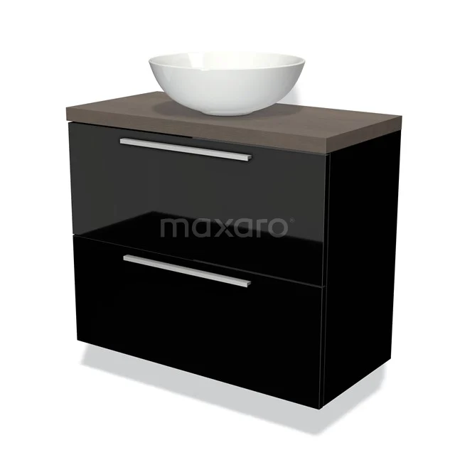 Black high-gloss bathroom unit with wood-look worktop and white bowl-shaped basin, modern design.
