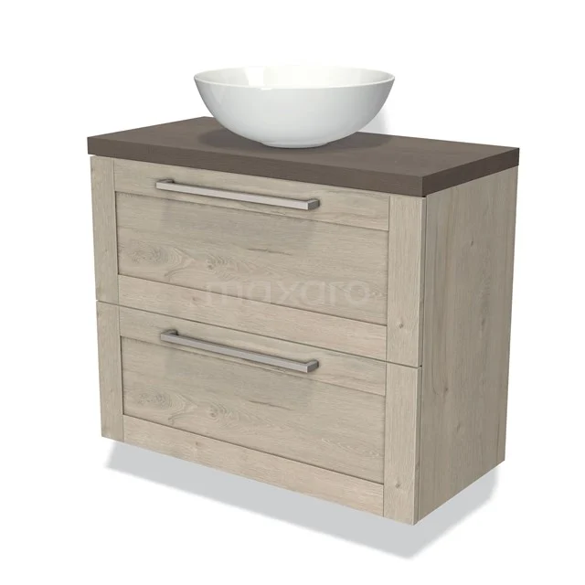 Hölzernes Badezimmermöbel mit zwei Schubladen, dunkelbunter Platte und weißem schalenförmigen Waschbecken. Modernes Design, ideal für das Badezimmer.