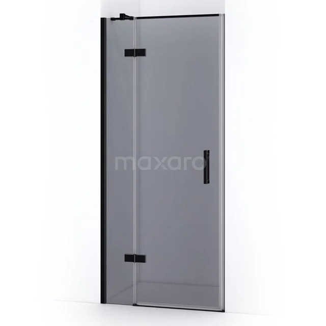 Glass shower door with matte black hinges, clean lines and modern design, ideal for a stylish bathroom decoration.