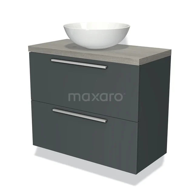 Anthracite bathroom unit with wood-look worktop and white surface-mounted sink, modern design with two drawers and sleek handles.