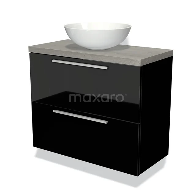 Waschtischunterschrank mit Konsole 80cm Modulo Plato Slim Hochglanz Schwarz 2 Schubladen Flach BMK37-01332 Schwarze Badmöbelset mit glänzenden Paneelen, Holzplatte und modernem weißen Aufsatzwaschbecken, ideal für Designbäder.