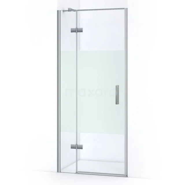 Glass shower door with chrome hinges and frosted satin strip, modern design for a stylish bathroom.