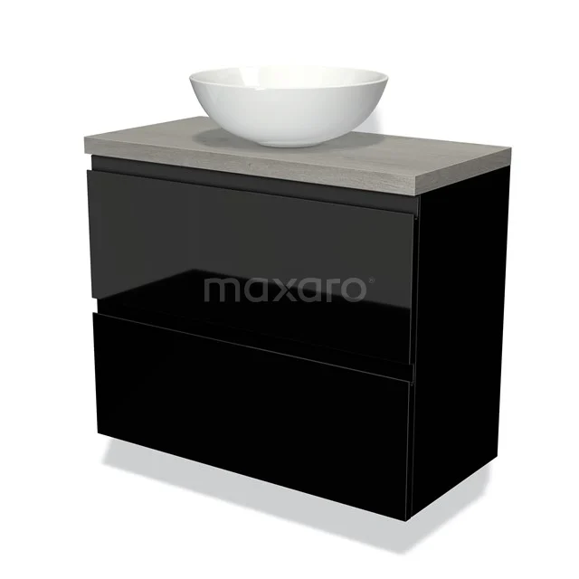 Black glossy bathroom unit with two drawers, ceramic vanity units for countertop wash basin and grey concrete top for a modern bathroom style.