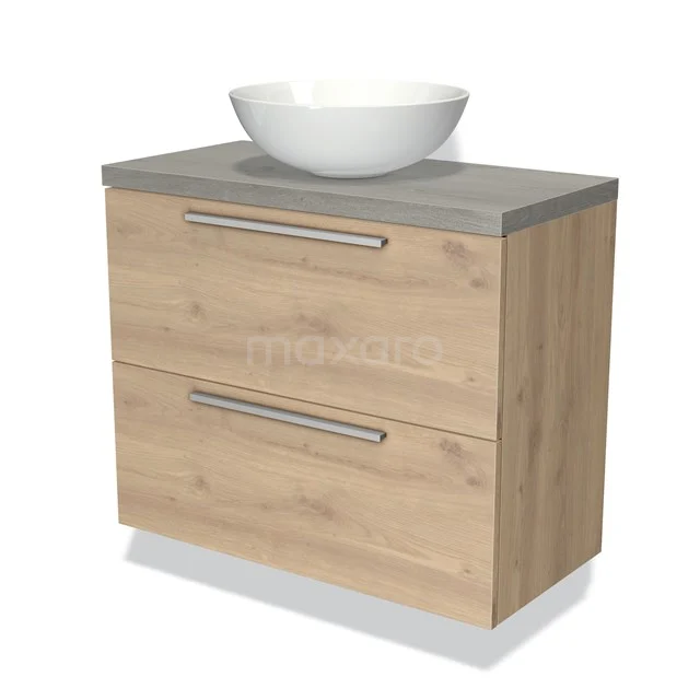 Modulo Plato Slim Badkamermeubel voor waskom | 80 cm Lichtbruin eiken Vlak front Grijs eiken blad 2 lades onder elkaar BMK37-01339