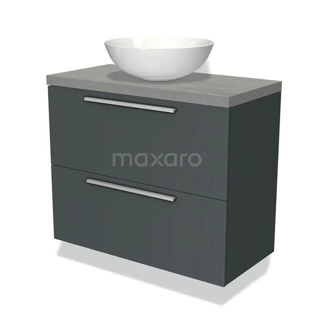 Grey bathroom furniture set with white countertop basin, two drawers and a sleek modern design for a stylish bathroom.